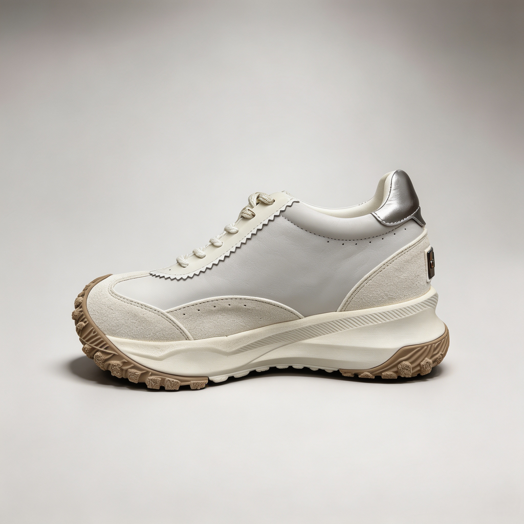 Silver sneaker side profile showing a panelled lace-up upper