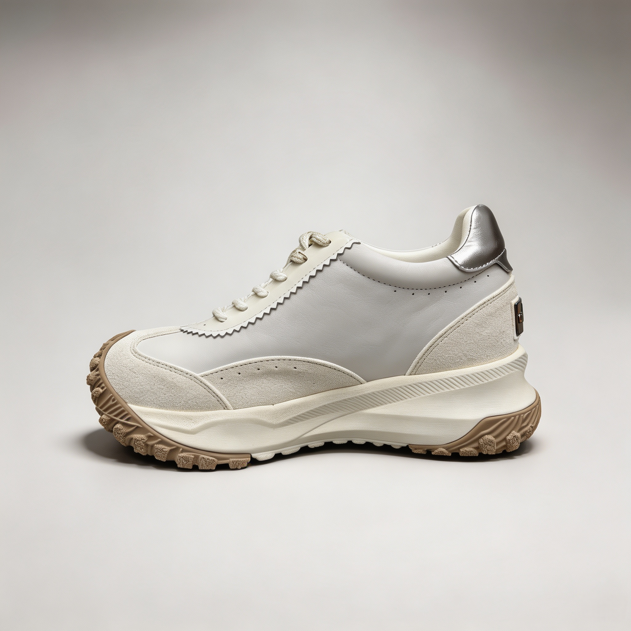Silver sneaker side profile showing a panelled lace-up upper