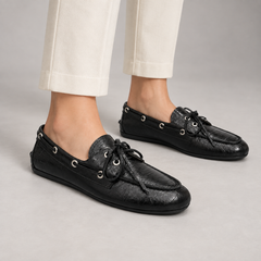 Black Embossed Leather Boat Shoes