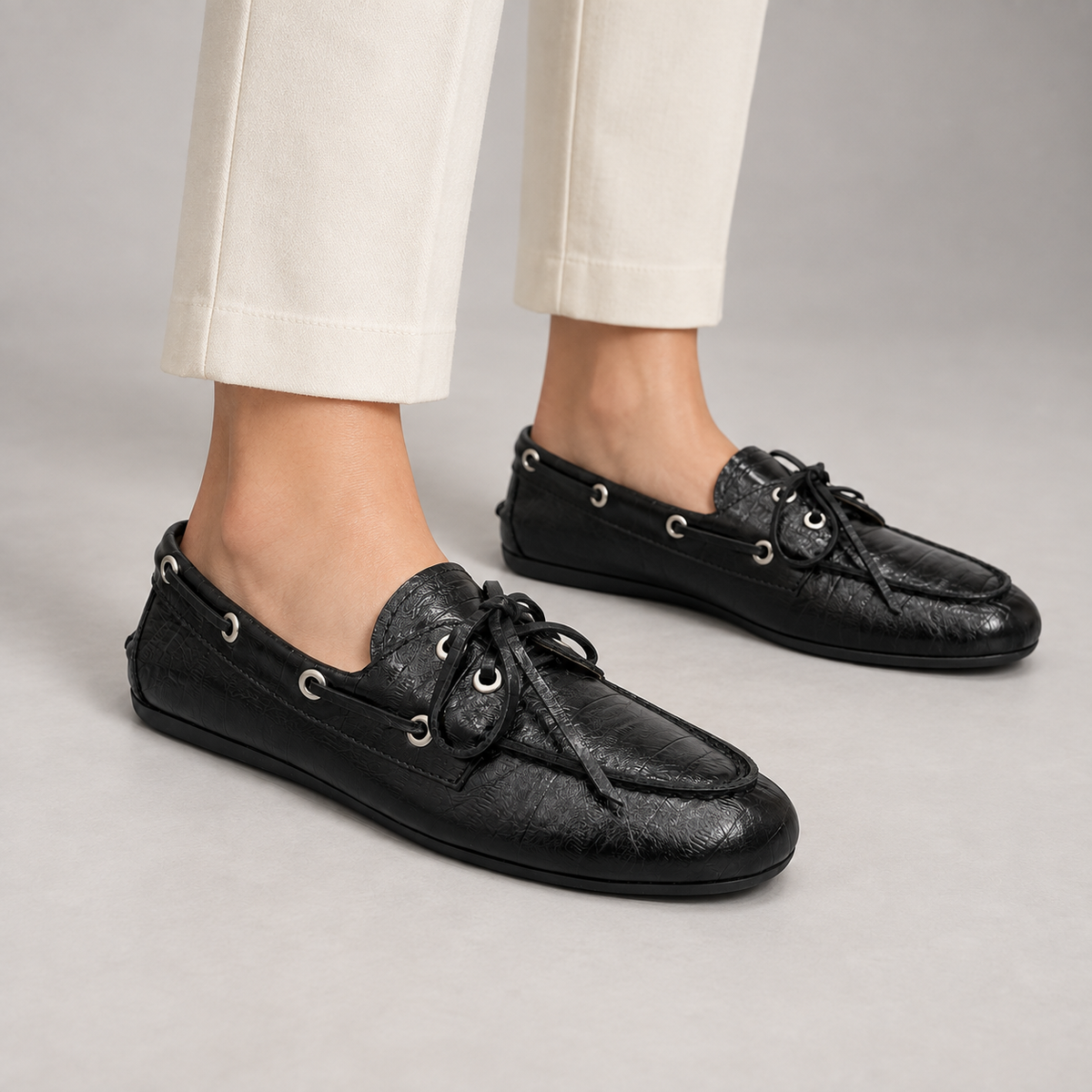 Black Embossed Leather Boat Shoes