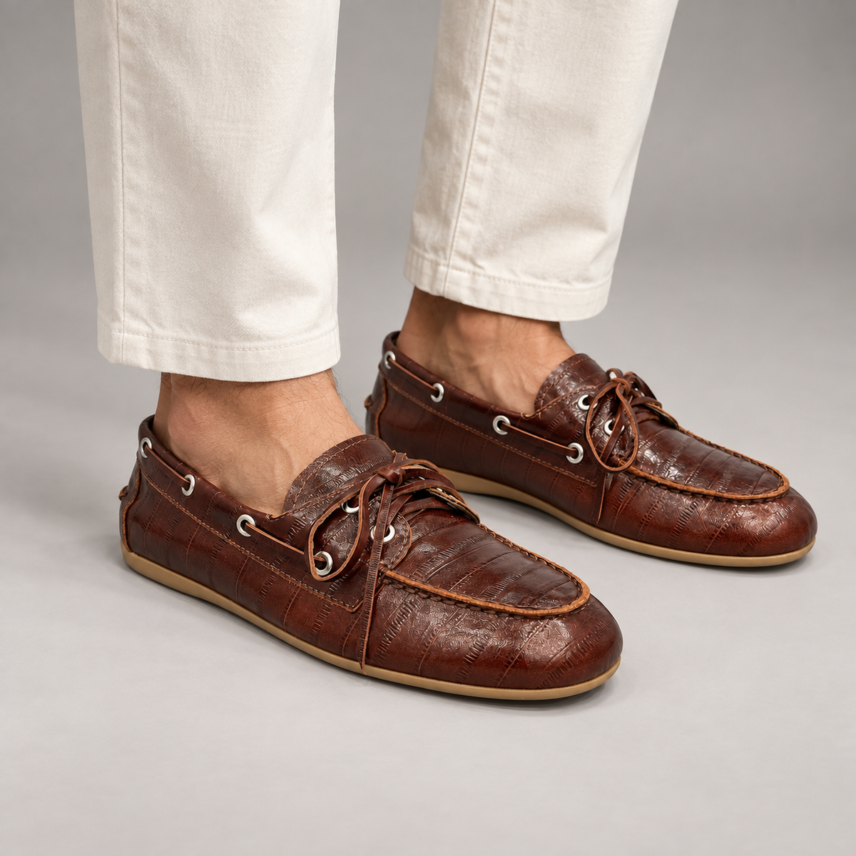 Brown Embossed Leather Boat Shoes
