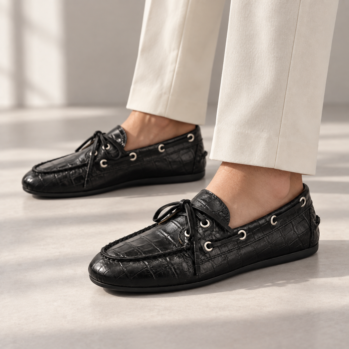 Black Croc-Embossed Leather Boat Shoes