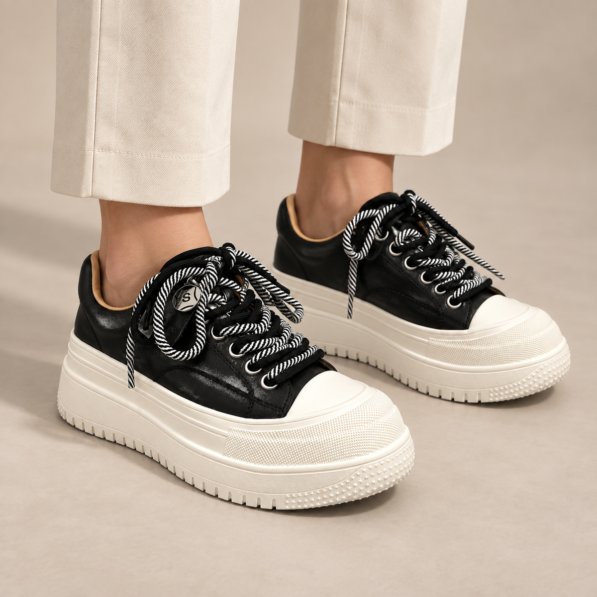 Black-White Rope-Lace Platform Sneakers