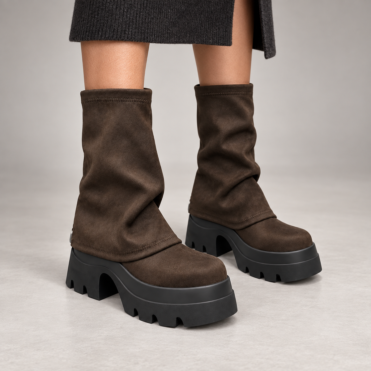 Brown Stretch Sock Platform Boots