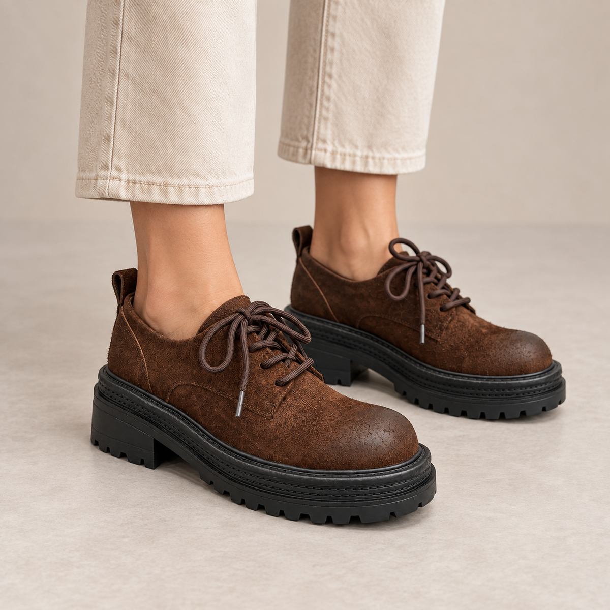 Brown suede platform lace-up shoes, view 2