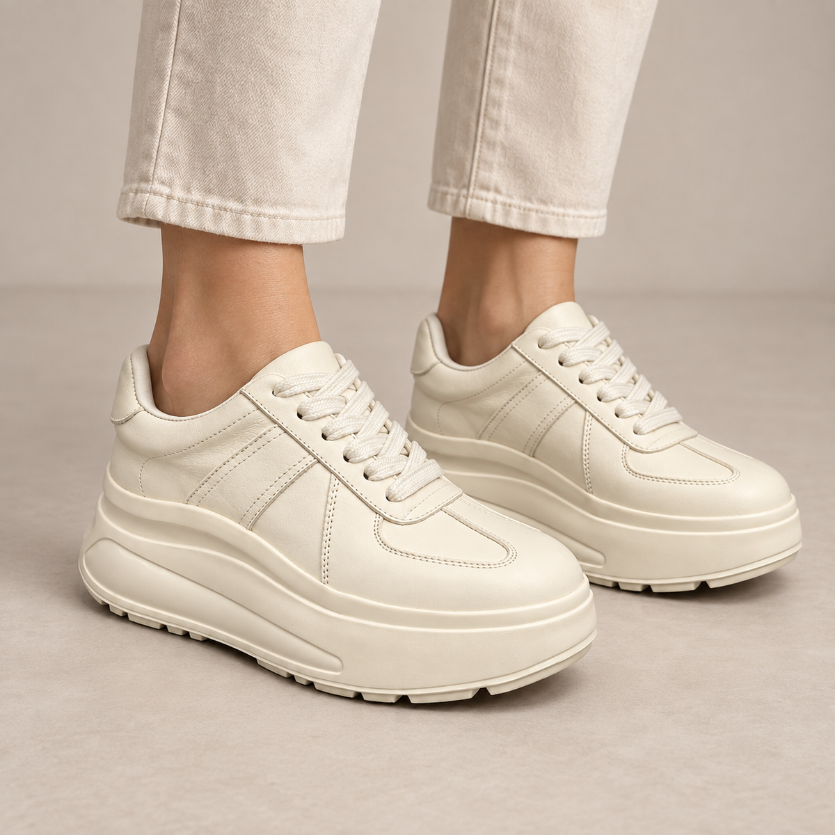 Ivory leather platform sneakers, view 2