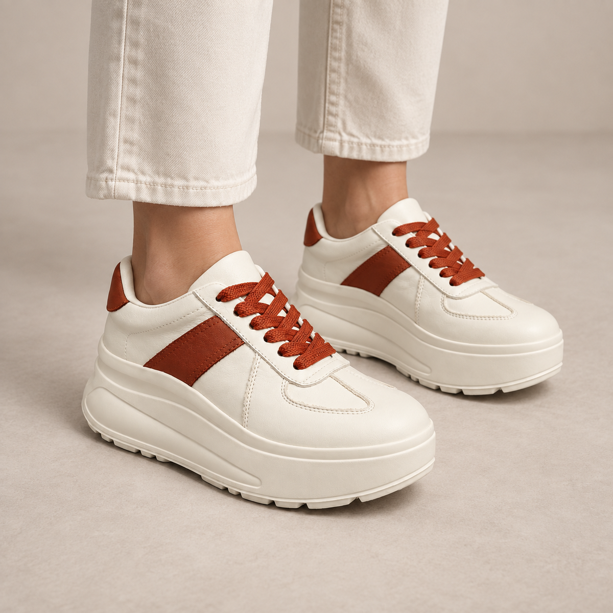 Ivory and brown platform sneakers, view 2