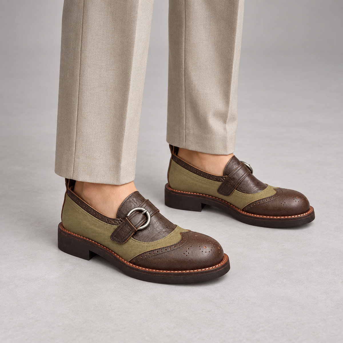 Olive brown buckle shoes 7