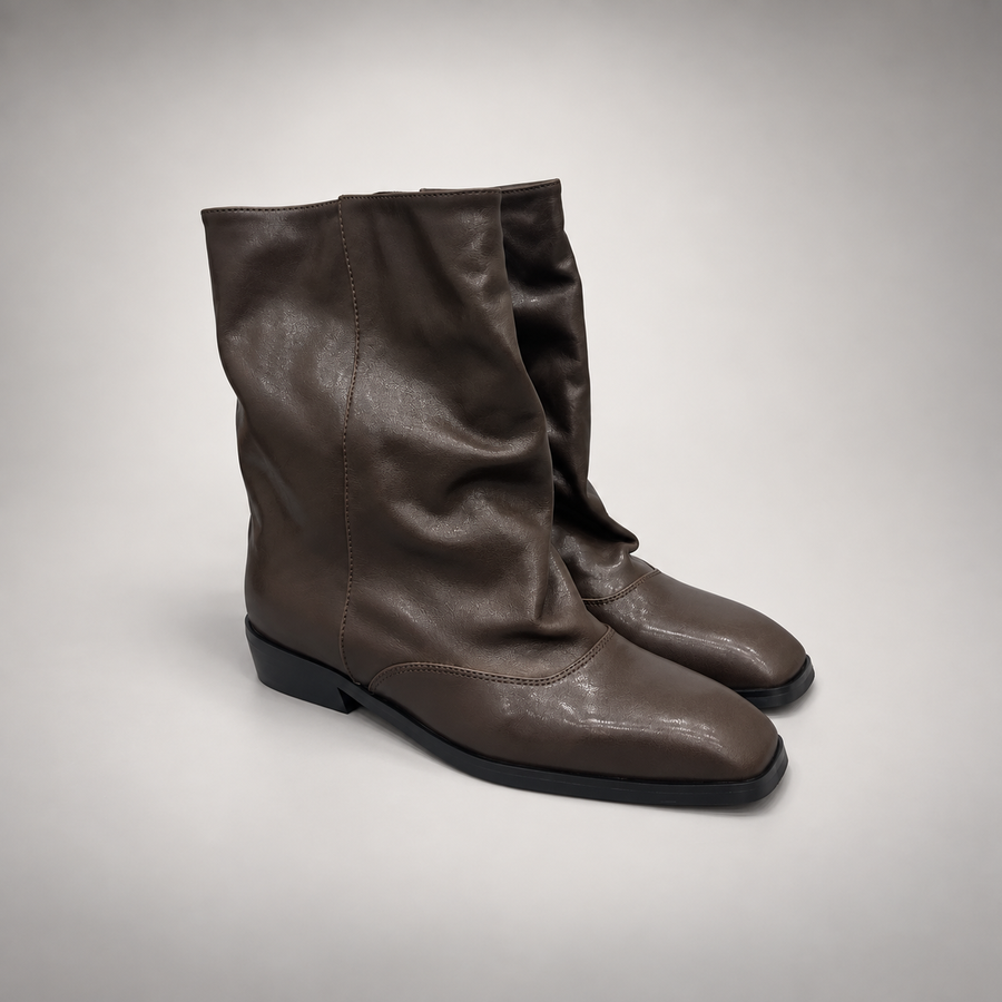 Dark taupe draped leather fold-over mid-calf boots - front