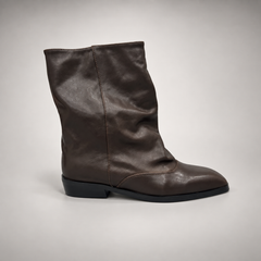 Dark taupe draped leather fold-over mid-calf boots - angle
