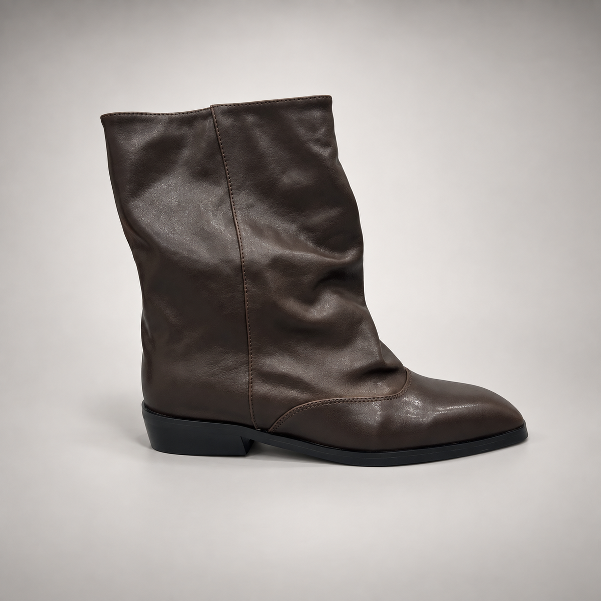 Dark taupe draped leather fold-over mid-calf boots - angle