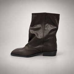 Dark taupe draped leather fold-over mid-calf boots - side