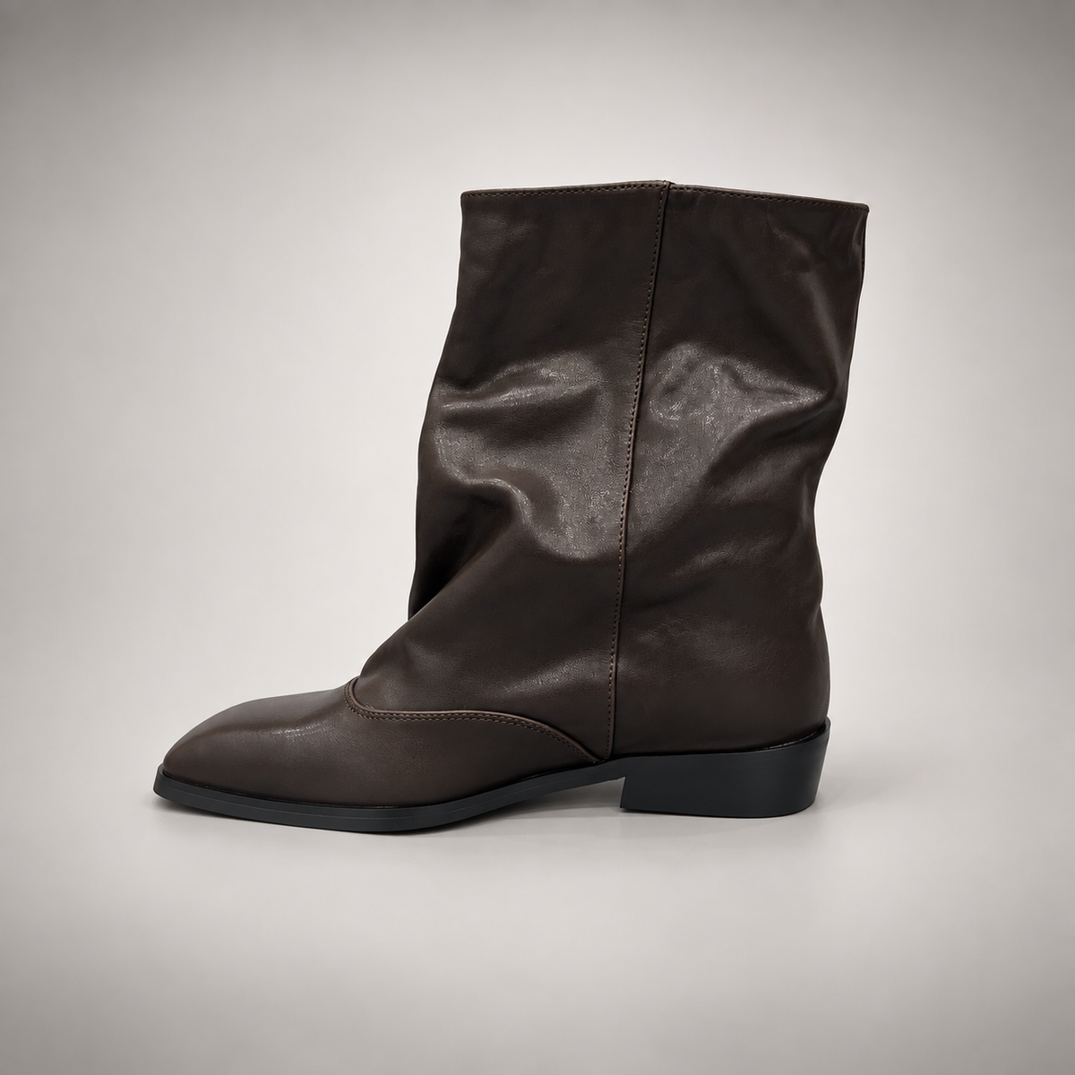 Dark taupe draped leather fold-over mid-calf boots - side