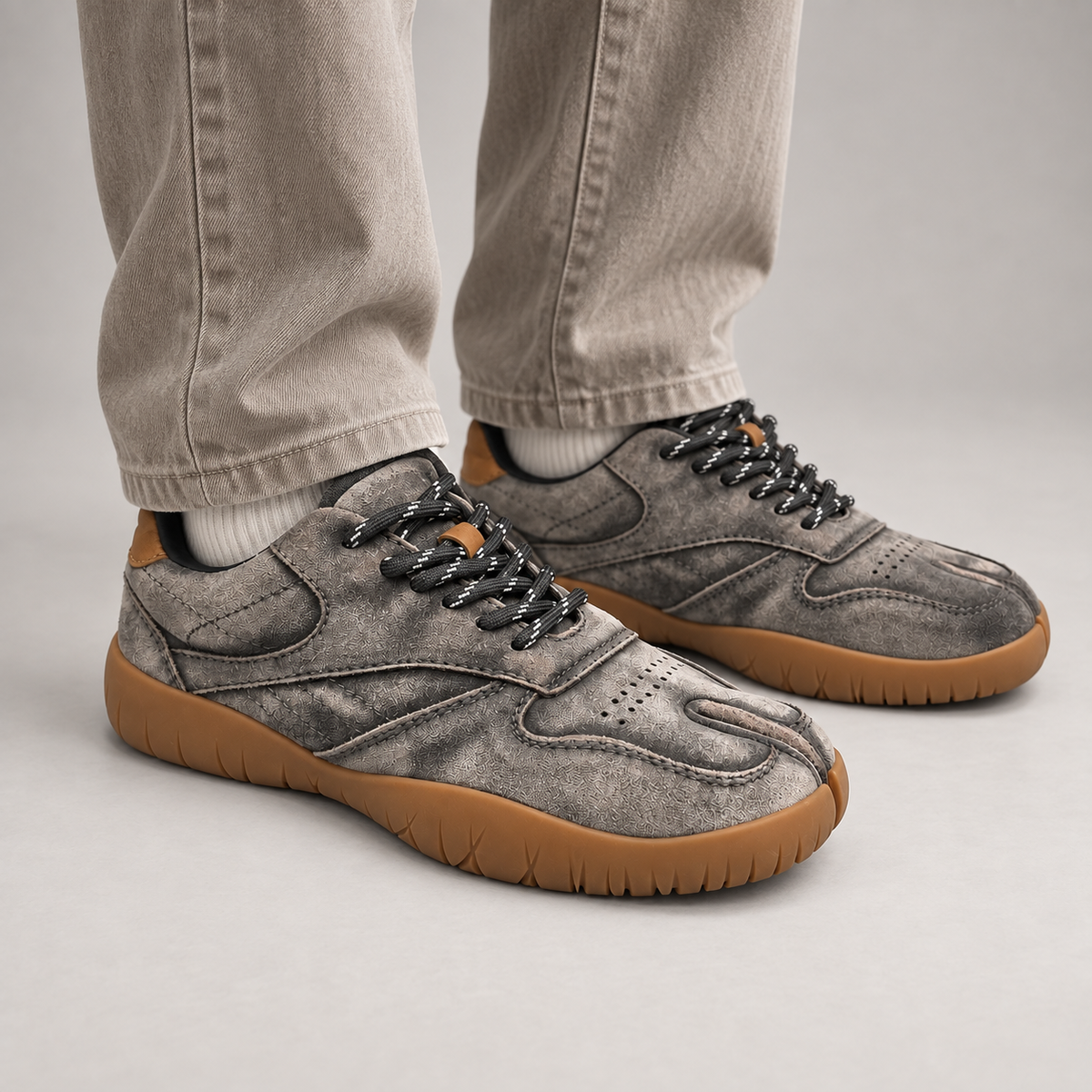 Gray washed suede panel lace-up sneakers - on foot