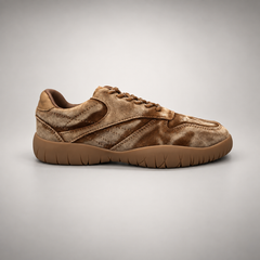 Tan washed suede panel lace-up sneakers - view 2