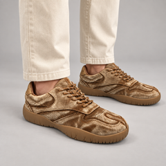 Tan washed suede panel lace-up sneakers - on foot