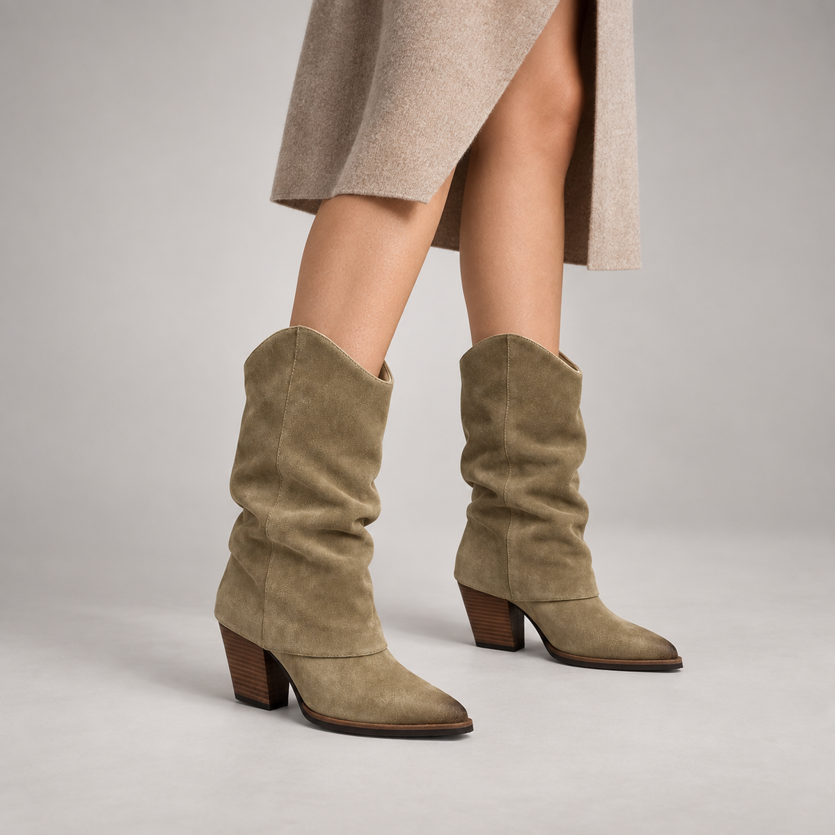 Light taupe slouch suede high-heel boots - on foot