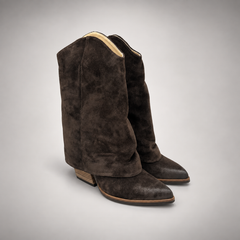 Dark espresso brown slouch suede high-heel boots - view 1