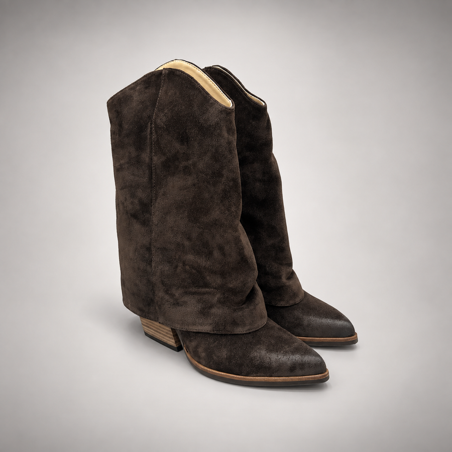Dark espresso brown slouch suede high-heel boots - view 1