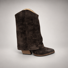Dark espresso brown slouch suede high-heel boots - view 2