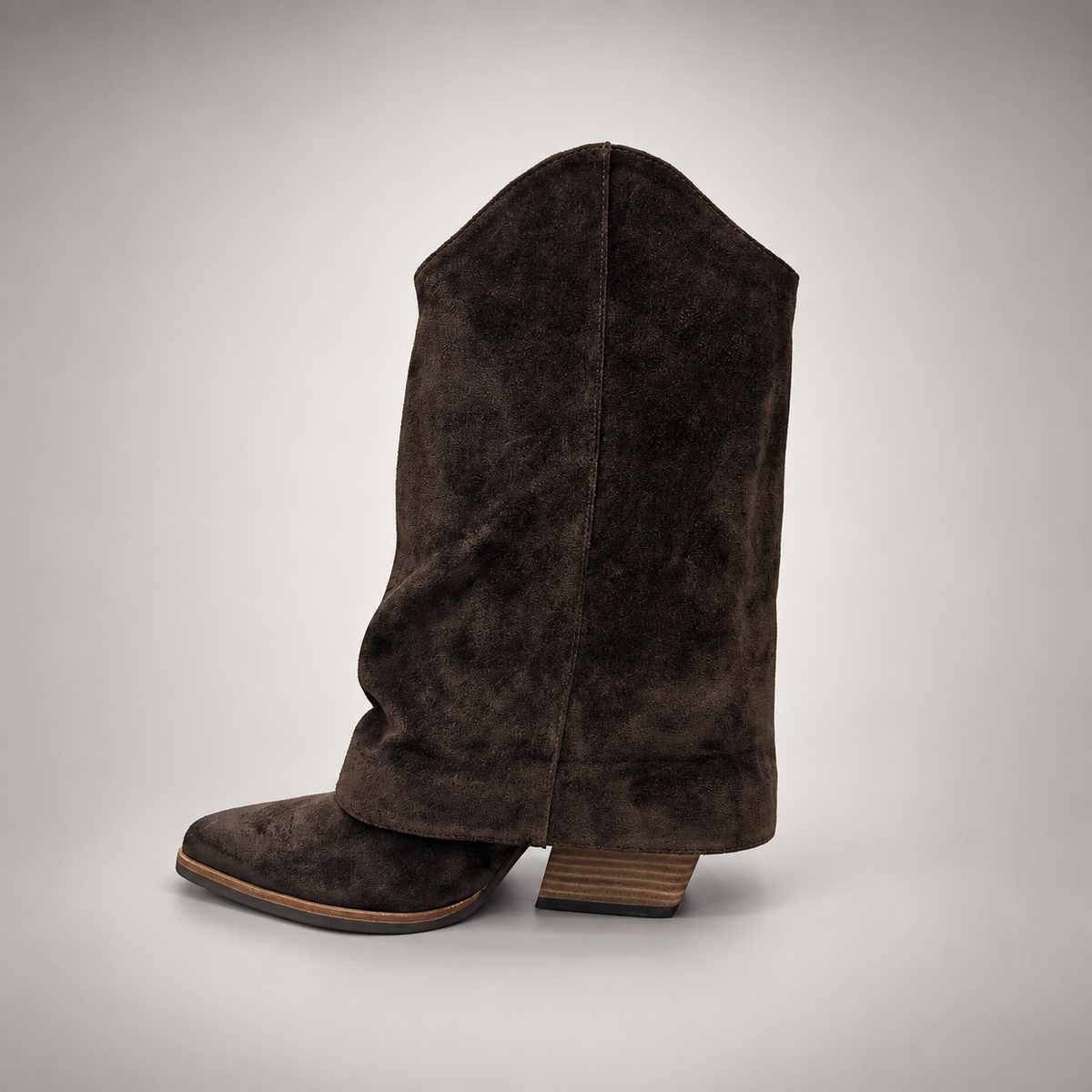 Dark espresso brown slouch suede high-heel boots - view 3