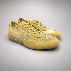 Mustard yellow floral mesh suede sneakers - view 1