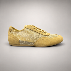 Mustard yellow floral mesh suede sneakers - view 2