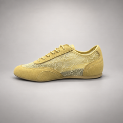 Mustard yellow floral mesh suede sneakers - view 3