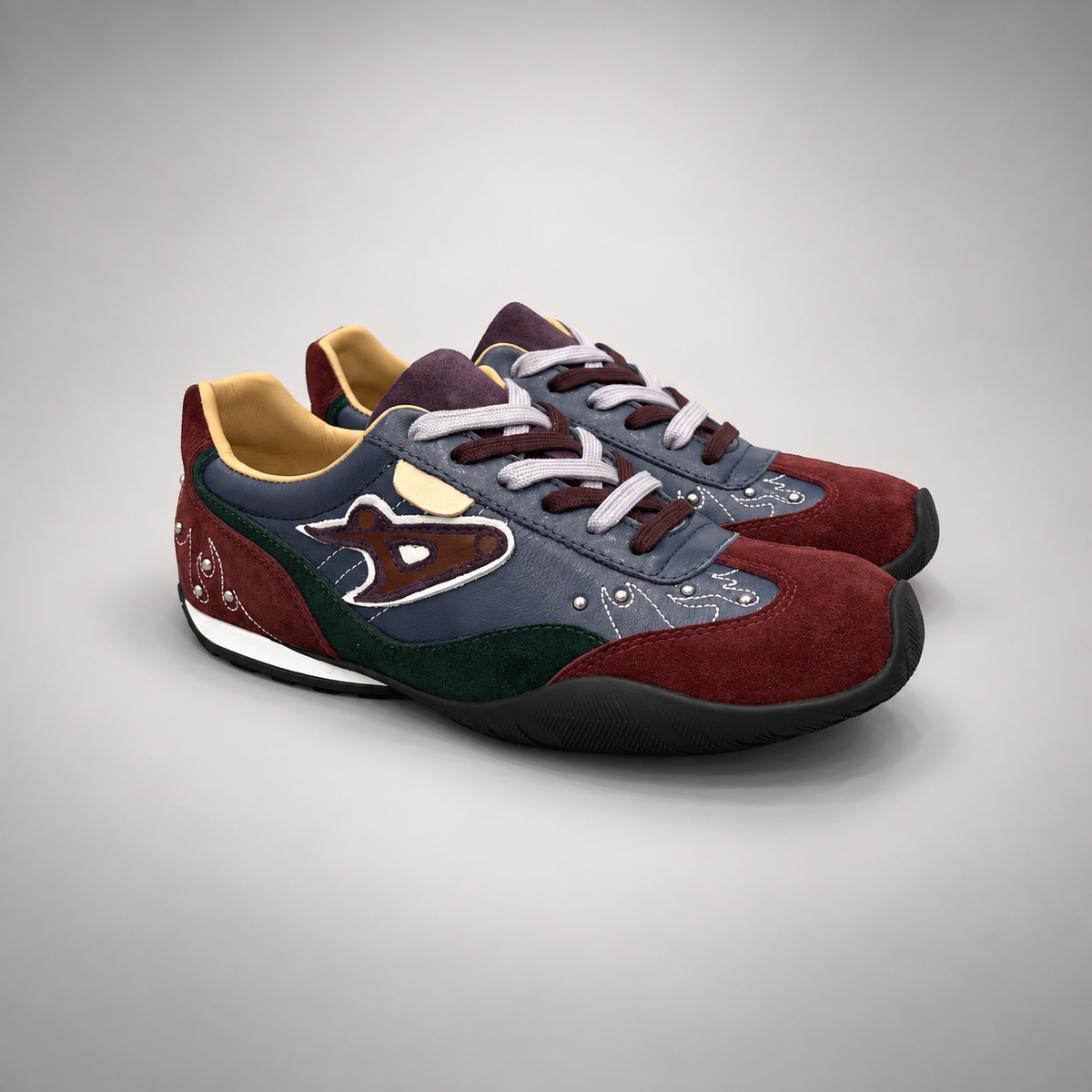 Burgundy navy green airplane patch sneakers - view 1