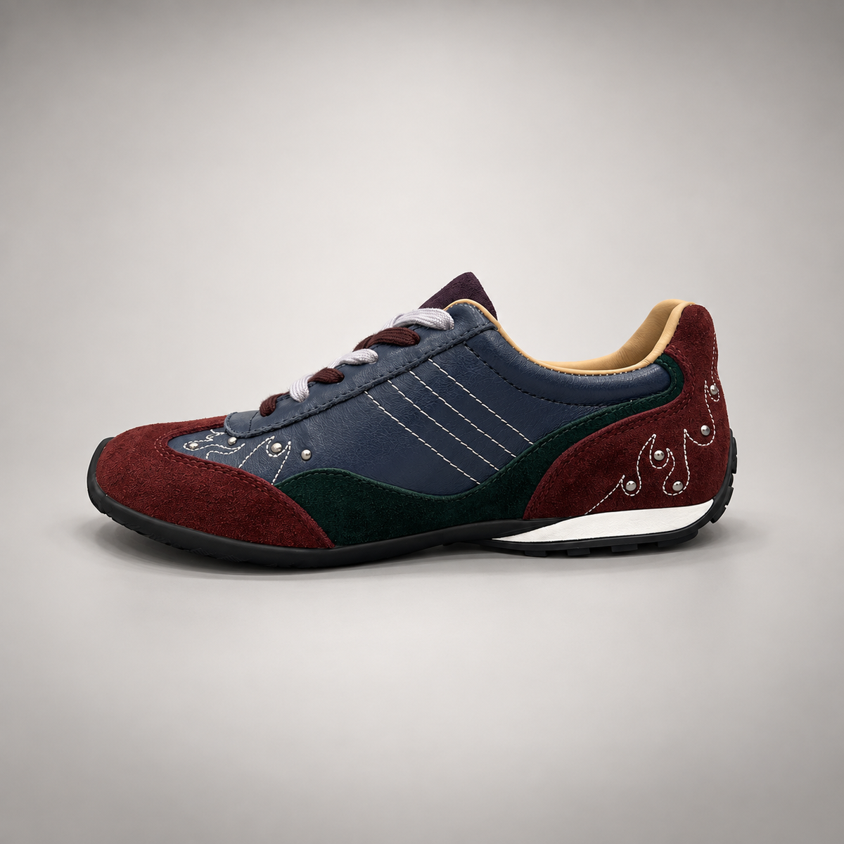 Burgundy navy green airplane patch sneakers - view 3