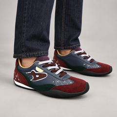 Burgundy navy green airplane patch sneakers - on foot