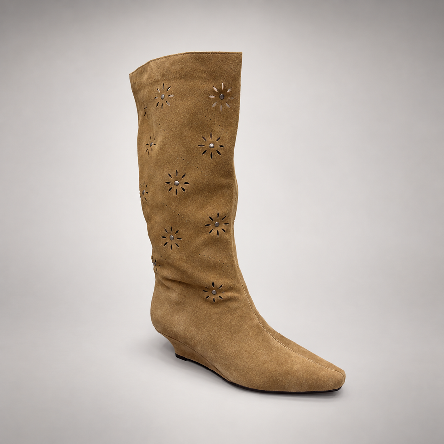 Camel floral-cutout suede wedge boot