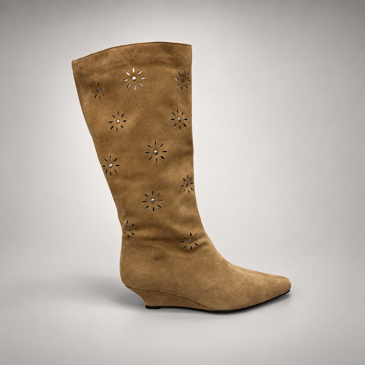 Camel floral-cutout suede wedge boot