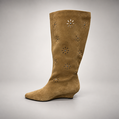 Camel floral-cutout suede wedge boot