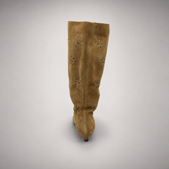 Camel floral-cutout suede wedge boot