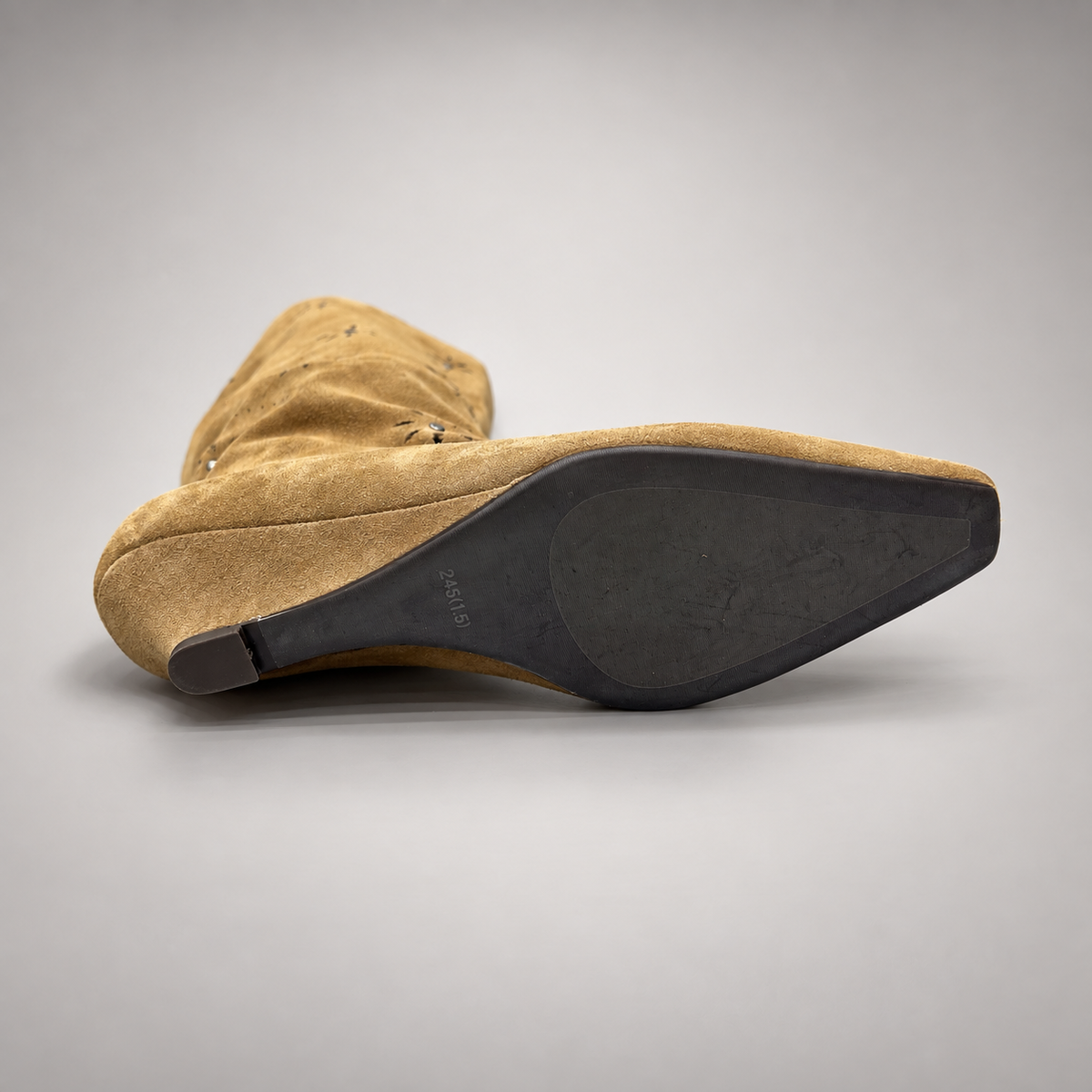 Camel floral-cutout suede wedge boot