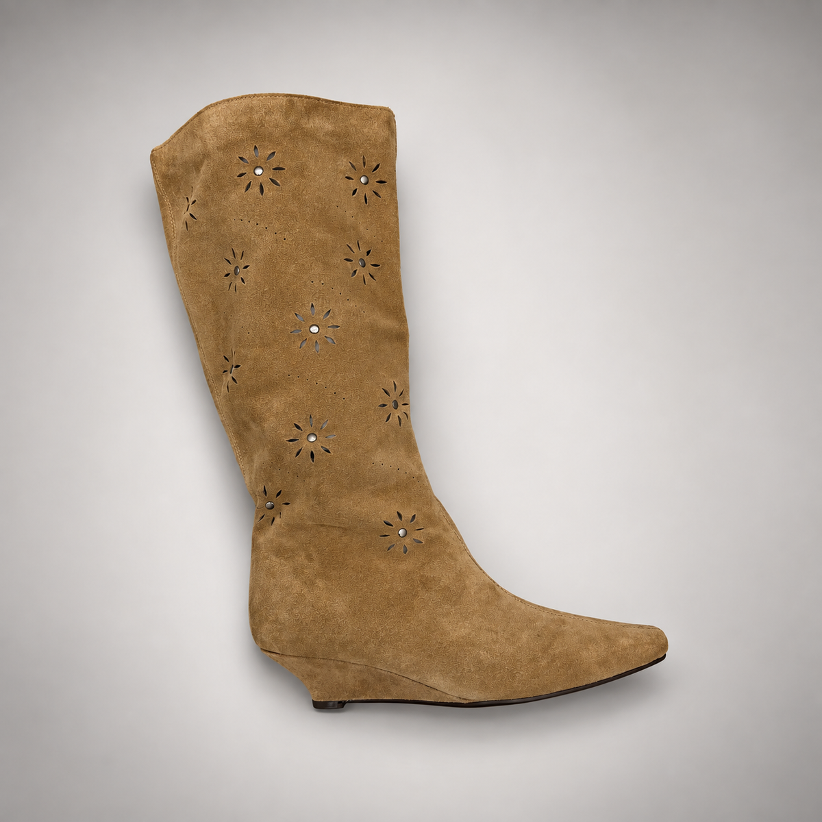 Camel floral-cutout suede wedge boot