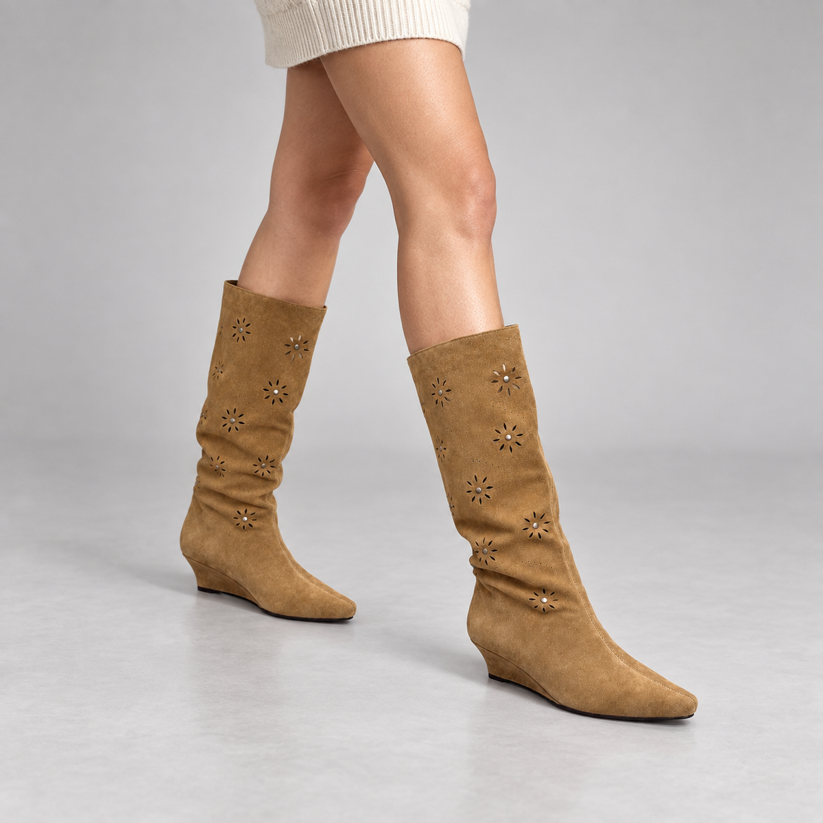 Camel floral-cutout suede wedge boots, on-foot view