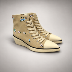 Beige floral embroidered canvas wedge sneaker