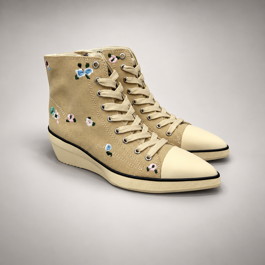 Beige floral embroidered canvas wedge sneaker