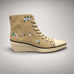 Beige floral embroidered canvas wedge sneaker