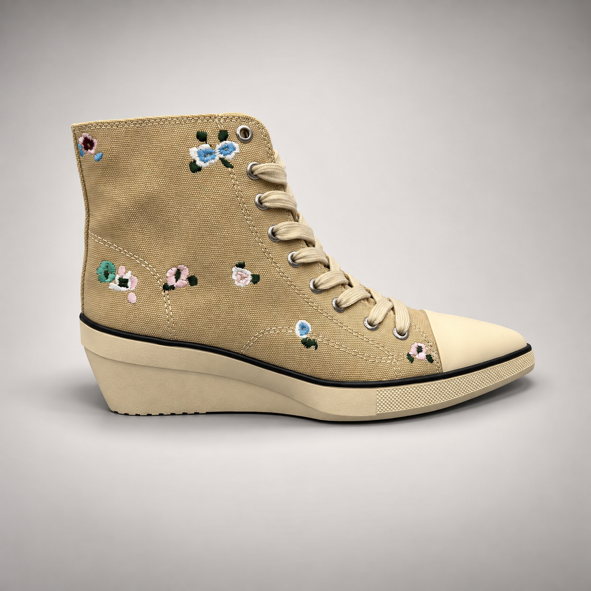 Beige floral embroidered canvas wedge sneaker