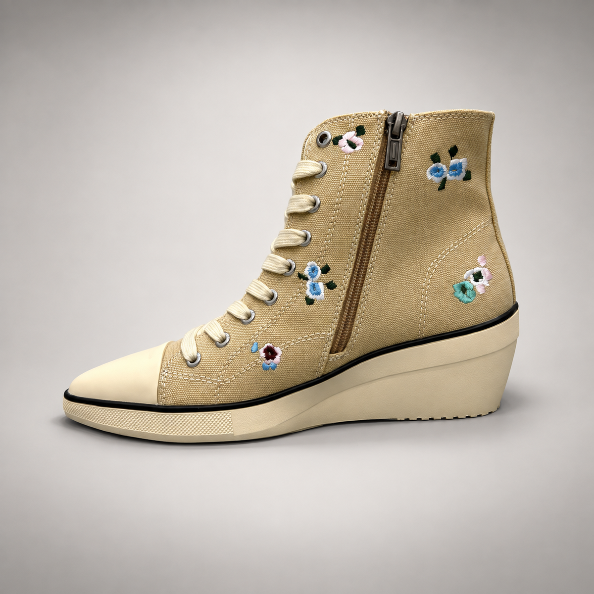 Beige floral embroidered canvas wedge sneaker