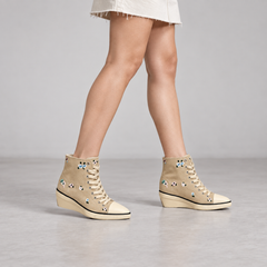 Beige floral embroidered canvas wedge sneakers, on-foot view