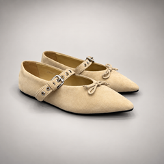 Beige buckle-strap suede flat