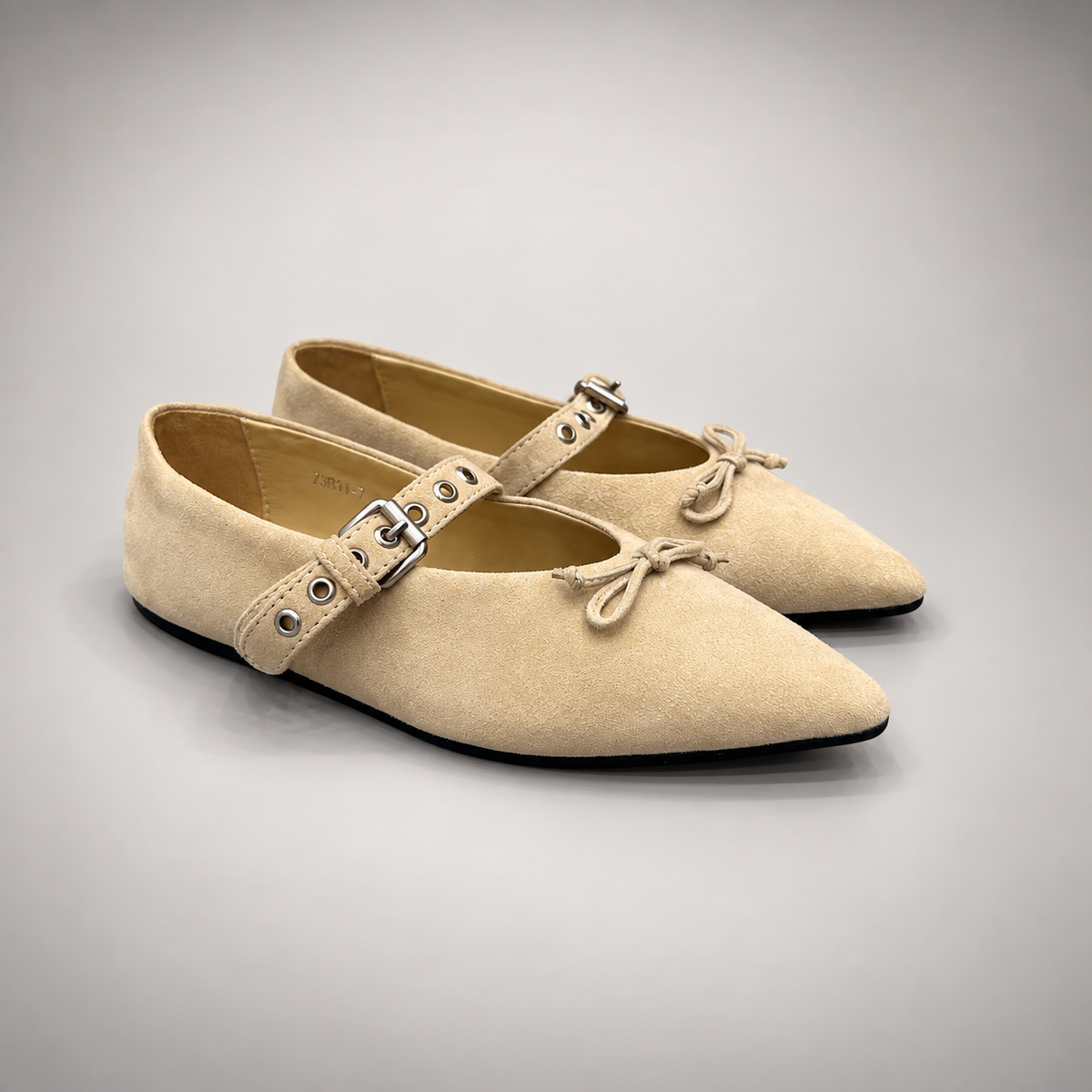 Beige buckle-strap suede flat