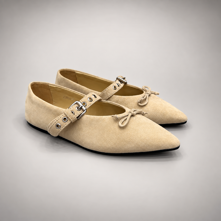 Beige buckle-strap suede flat