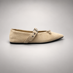 Beige buckle-strap suede flat