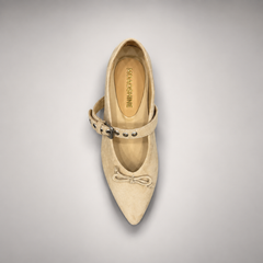 Beige buckle-strap suede flat