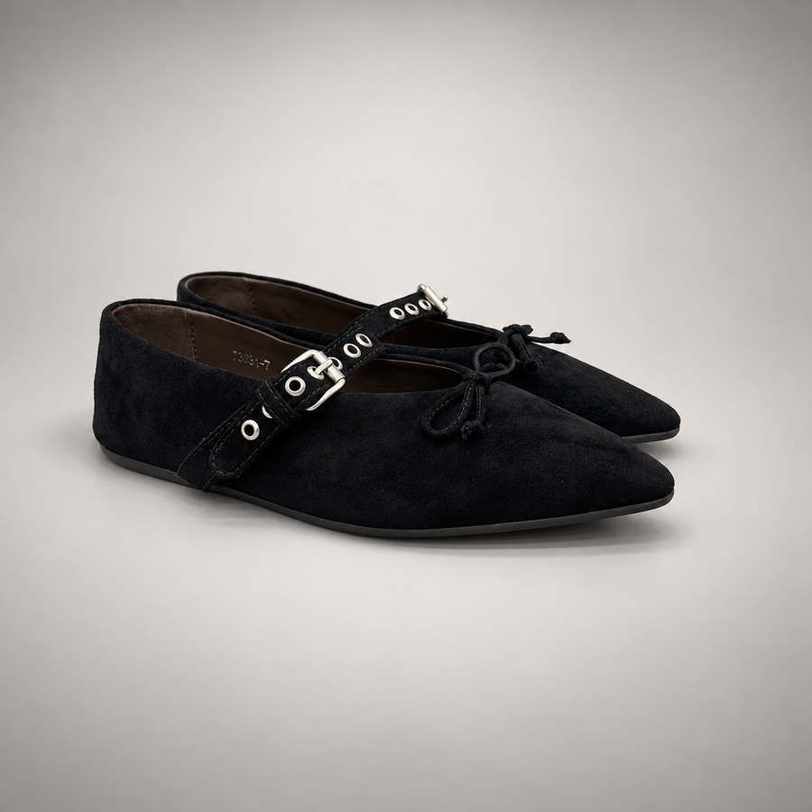 Black buckle-strap suede flat